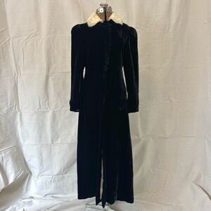 Vintage 30s Glamour Inky Black Silk Velvet Duster Opera Coat White Fur Collar XS